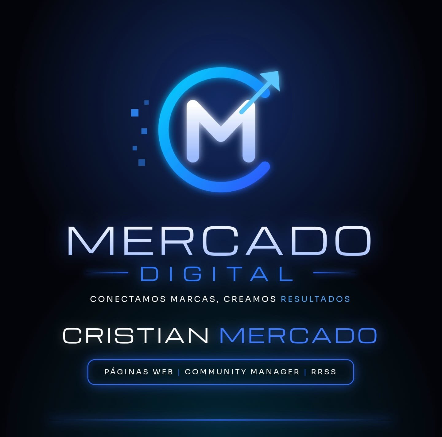 Identidad de Mercado Digital: logotipo con una M dentro de un círculo azul con flecha ascendente y el lema Conectamos marcas, creamos resultados